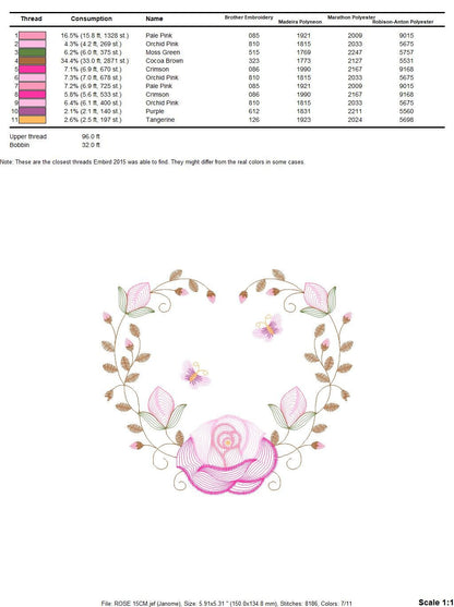 Heart with roses embroidery designs - Flower embroidery design machine embroidery pattern - Monogram Frame embroidery file - pes jef vip vp3 Marcia Embroidery