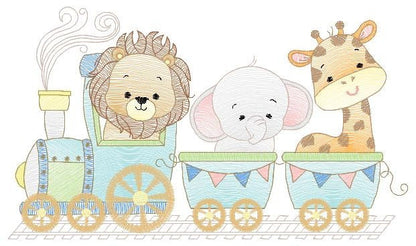 Safari embroidery designs - Animals embroidery design machine embroidery pattern - Train embroidery file - lion elephant giraffe animal pes