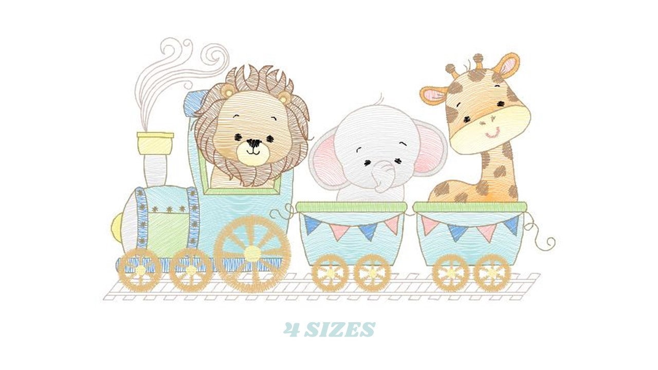 Safari embroidery designs - Animals embroidery design machine embroidery pattern - Train embroidery file - lion elephant giraffe animal pes
