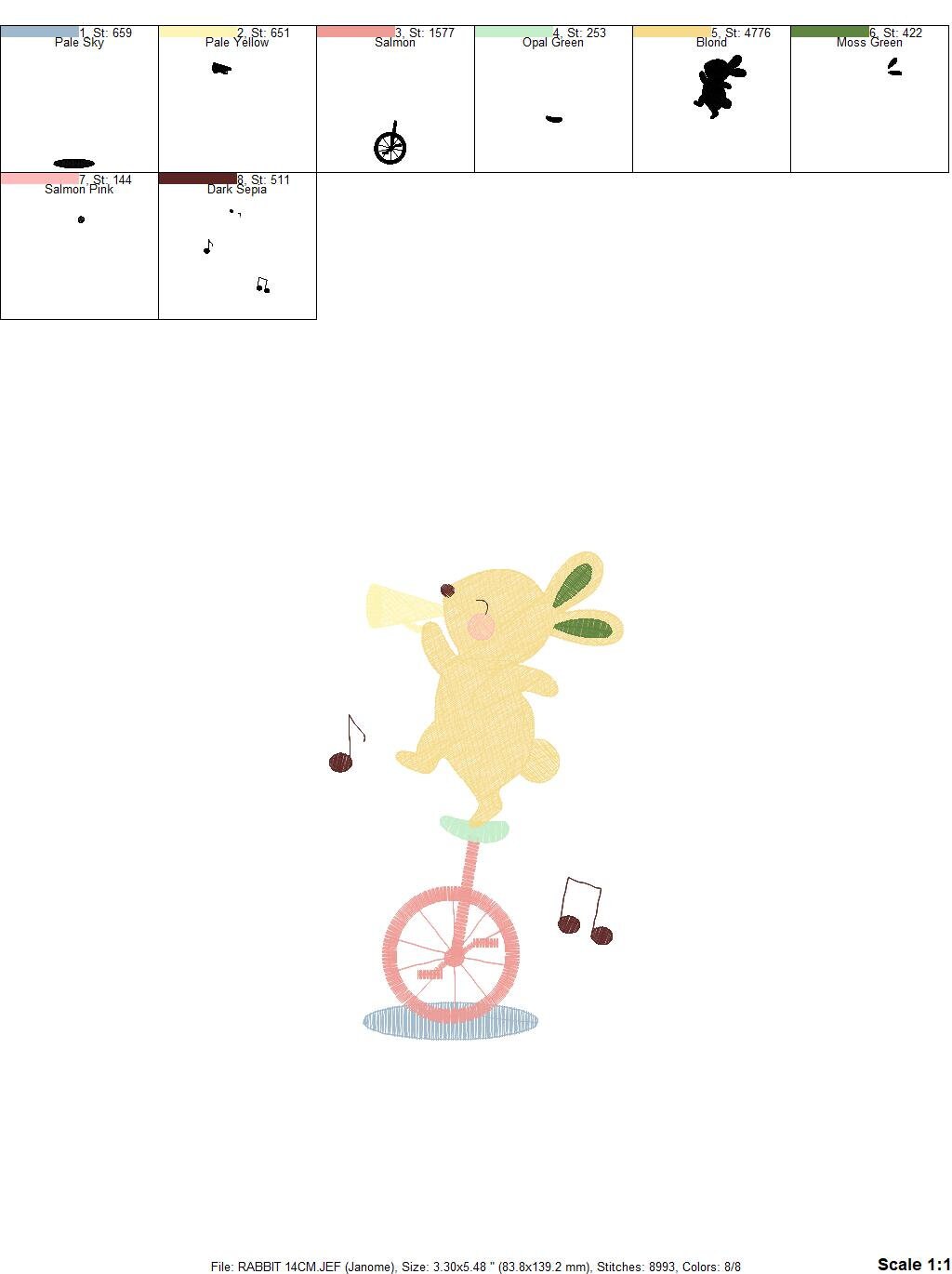 Rabbit with Unicycle embroidery designs - Musical animals band embroidery design machine embroidery pattern -  Circus Bunny embroidery file Marcia Embroidery