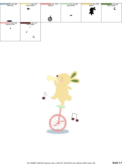 Rabbit with Unicycle embroidery designs - Musical animals band embroidery design machine embroidery pattern -  Circus Bunny embroidery file Marcia Embroidery