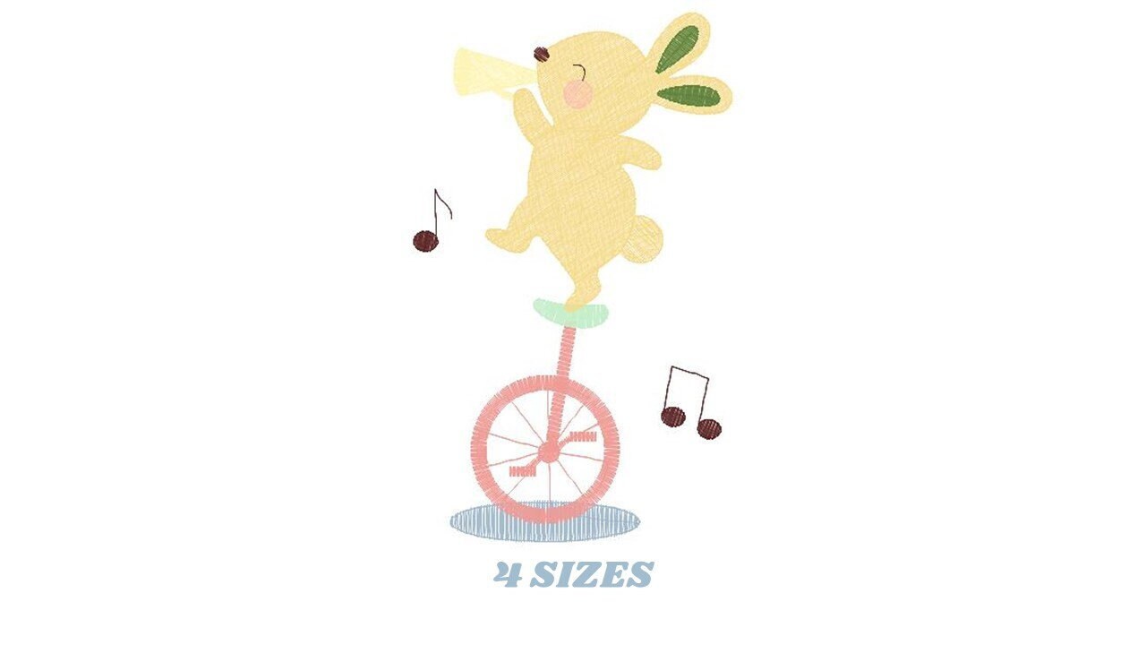 Rabbit with Unicycle embroidery designs - Musical animals band embroidery design machine embroidery pattern -  Circus Bunny embroidery file Marcia Embroidery