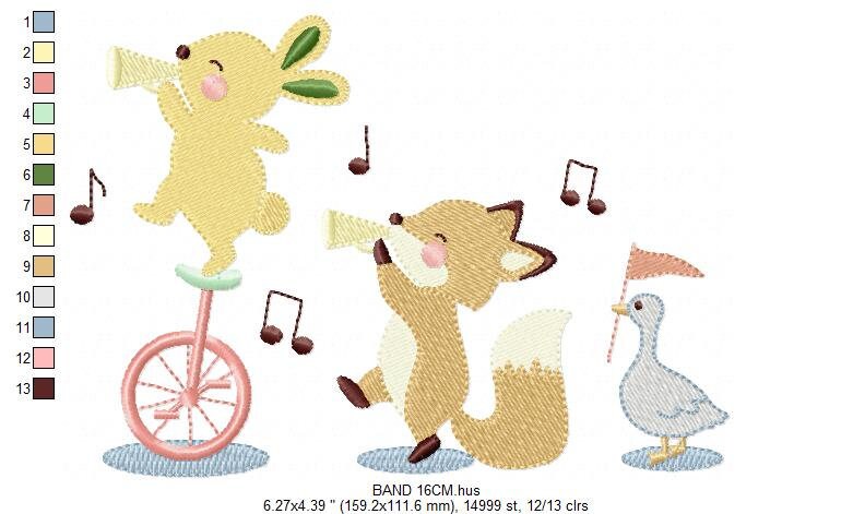 Animal band embroidery designs - Musical animals embroidery design machine embroidery pattern -  Rabbit embroidery file - Fox and Rabbit