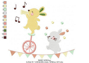 Rabbit embroidery designs - Bunny embroidery design machine embroidery pattern - Animal band embroidery file - Music embroidery rippled