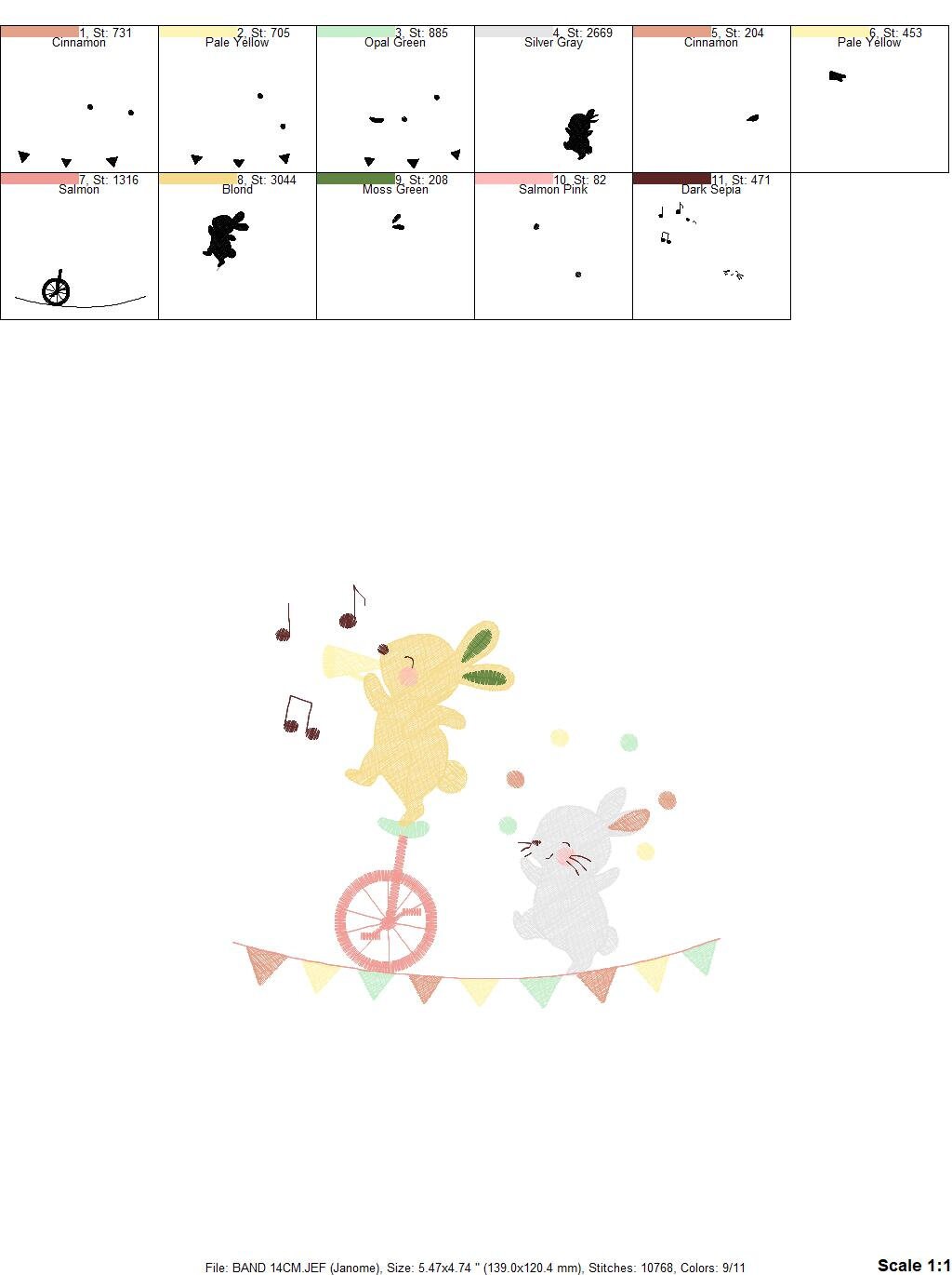 Rabbit embroidery designs - Bunny embroidery design machine embroidery pattern - Animal band embroidery file - Music embroidery rippled Marcia Embroidery