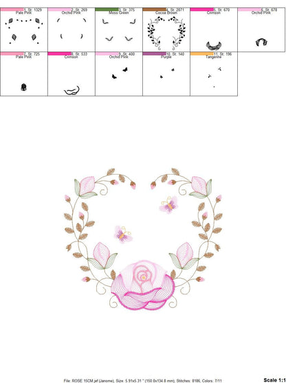 Heart with roses embroidery designs - Flower embroidery design machine embroidery pattern - Monogram Frame embroidery file - pes jef vip vp3 Marcia Embroidery