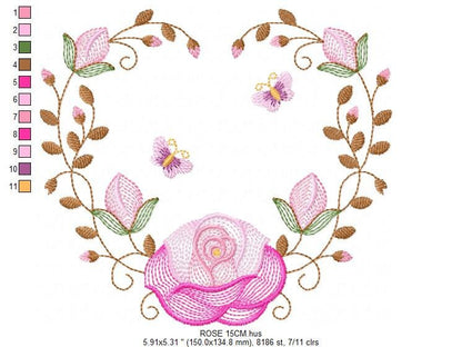 Heart with roses embroidery designs - Flower embroidery design machine embroidery pattern - Monogram Frame embroidery file - pes jef vip vp3 Marcia Embroidery