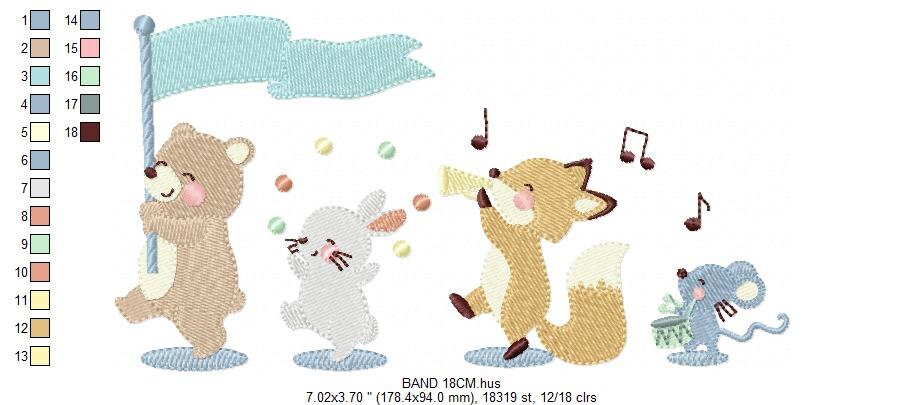 Circus Animals embroidery designs - Animal Band embroidery design machine embroidery pattern - Bear embroidery file - Rabbit Fox Mouse group Marcia Embroidery