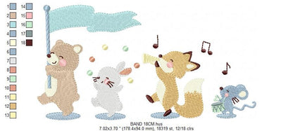 Circus Animals embroidery designs - Animal Band embroidery design machine embroidery pattern - Bear embroidery file - Rabbit Fox Mouse group Marcia Embroidery
