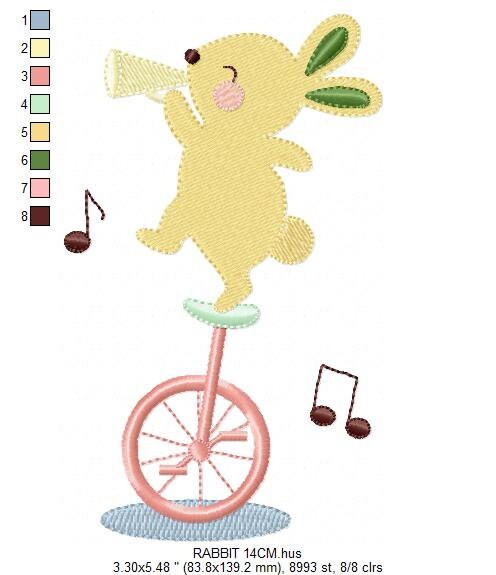 Rabbit with Unicycle embroidery designs - Musical animals band embroidery design machine embroidery pattern -  Circus Bunny embroidery file Marcia Embroidery