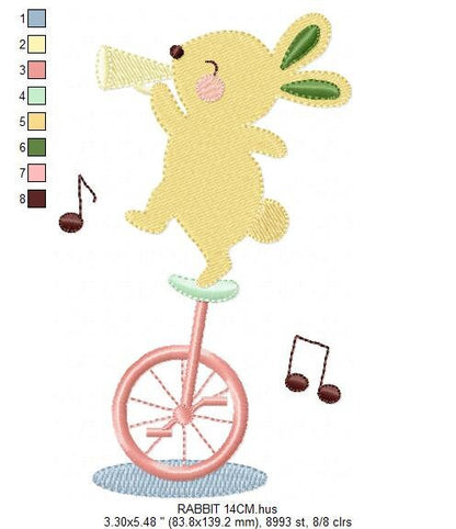 Rabbit with Unicycle embroidery designs - Musical animals band embroidery design machine embroidery pattern -  Circus Bunny embroidery file Marcia Embroidery