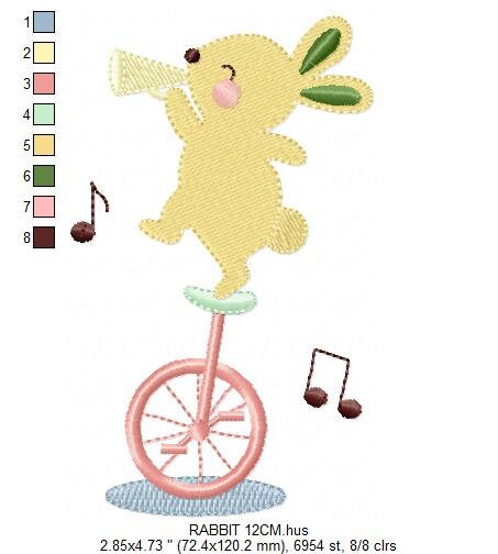 Rabbit with Unicycle embroidery designs - Musical animals band embroidery design machine embroidery pattern -  Circus Bunny embroidery file Marcia Embroidery