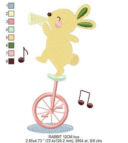 Rabbit with Unicycle embroidery designs - Musical animals band embroidery design machine embroidery pattern -  Circus Bunny embroidery file Marcia Embroidery