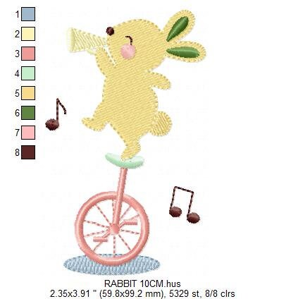 Rabbit with Unicycle embroidery designs - Musical animals band embroidery design machine embroidery pattern -  Circus Bunny embroidery file Marcia Embroidery