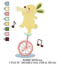 Laden Sie das Bild in den Galerie-Viewer, Rabbit with Unicycle embroidery designs - Musical animals band embroidery design machine embroidery pattern -  Circus Bunny embroidery file
