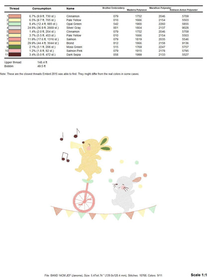 Rabbit embroidery designs - Bunny embroidery design machine embroidery pattern - Animal band embroidery file - Music embroidery rippled Marcia Embroidery