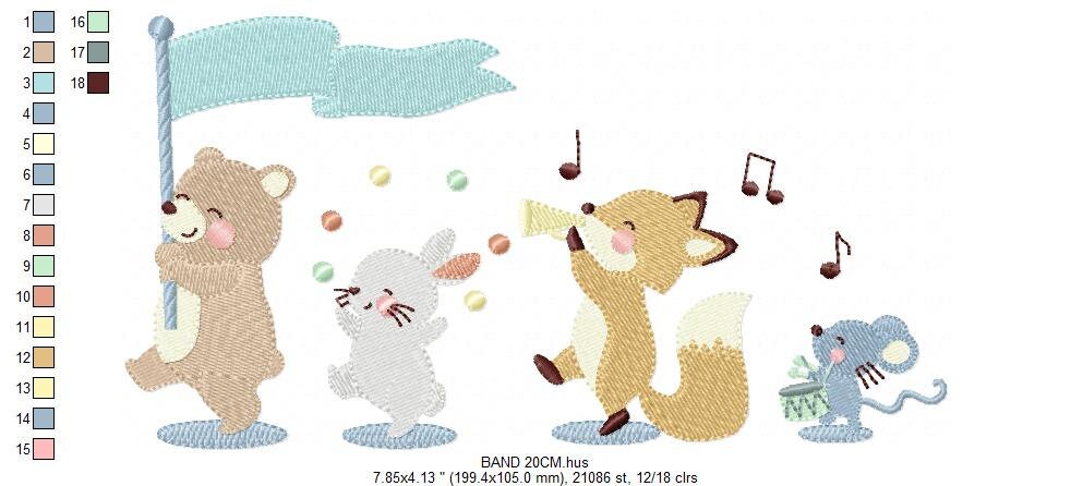 Circus Animals embroidery designs - Animal Band embroidery design machine embroidery pattern - Bear embroidery file - Rabbit Fox Mouse group Marcia Embroidery