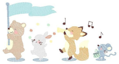 Circus Animals embroidery designs - Animal Band embroidery design machine embroidery pattern - Bear embroidery file - Rabbit Fox Mouse group Marcia Embroidery