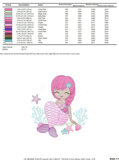 Mermaid with braids embroidery designs - Sea Princess embroidery design machine embroidery pattern - Baby Girl embroidery download file pes