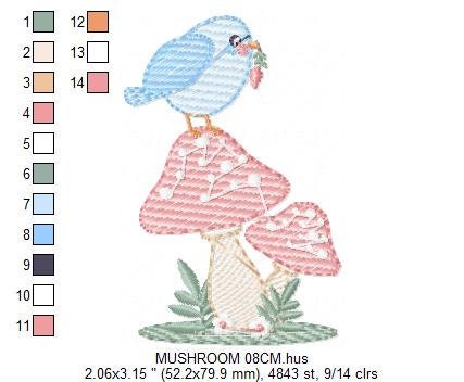 Mushroom embroidery designs - Toad with bird machine embroidery pattern - Baby girl and Boy Forest animal file - Instant digital download Marcia Embroidery