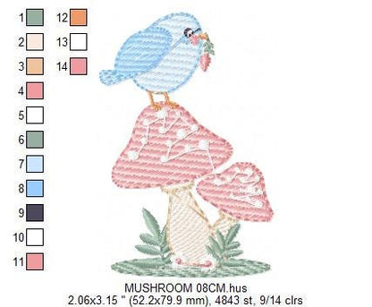 Mushroom embroidery designs - Toad with bird machine embroidery pattern - Baby girl and Boy Forest animal file - Instant digital download Marcia Embroidery