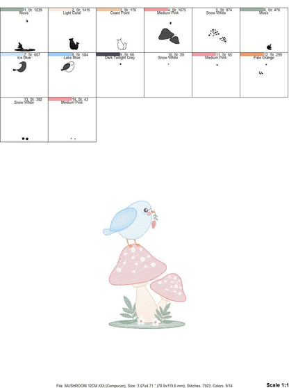 Mushroom embroidery designs - Toad with bird machine embroidery pattern - Baby girl and Boy Forest animal file - Instant digital download Marcia Embroidery