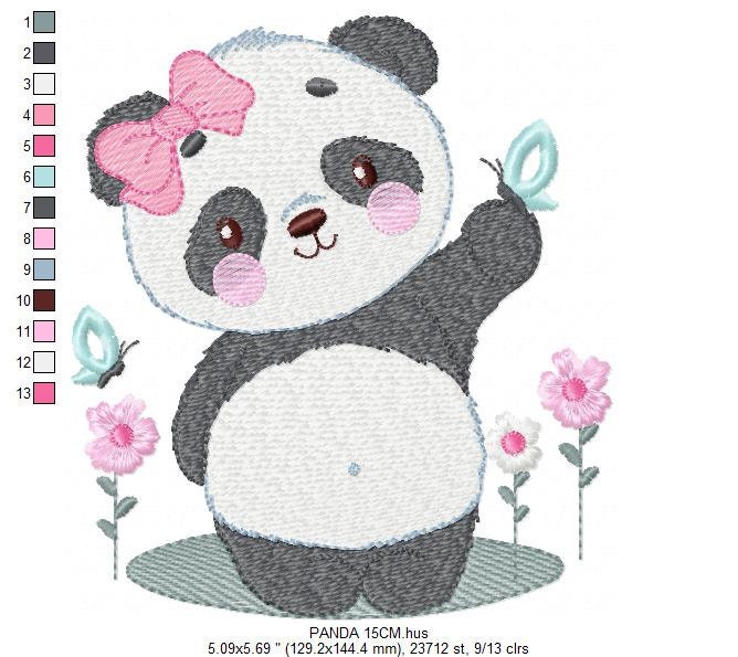 Panda embroidery design - Animal with flowers machine embroidery pattern - Baby girl file - Panda with butterfly - Instant digital download