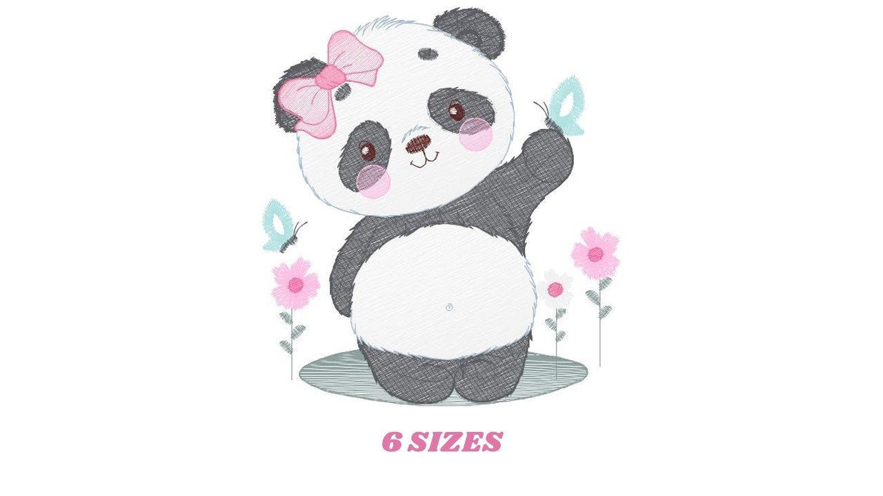 Panda embroidery design - Animal with flowers machine embroidery pattern - Baby girl file - Panda with butterfly - Instant digital download