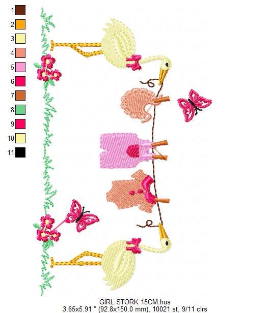 Stork embroidery design - Stork with clothes line machine pattern - Baby Shower gift - Girl Gender reveal party - Instant download pes jef Marcia Embroidery