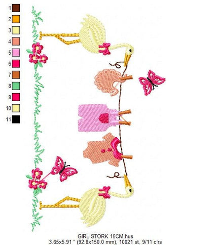 Stork embroidery design - Stork with clothes line machine pattern - Baby Shower gift - Girl Gender reveal party - Instant download pes jef Marcia Embroidery