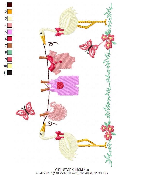 Stork embroidery design - Stork with clothes line machine pattern - Baby Shower gift - Girl Gender reveal party - Instant download pes jef Marcia Embroidery