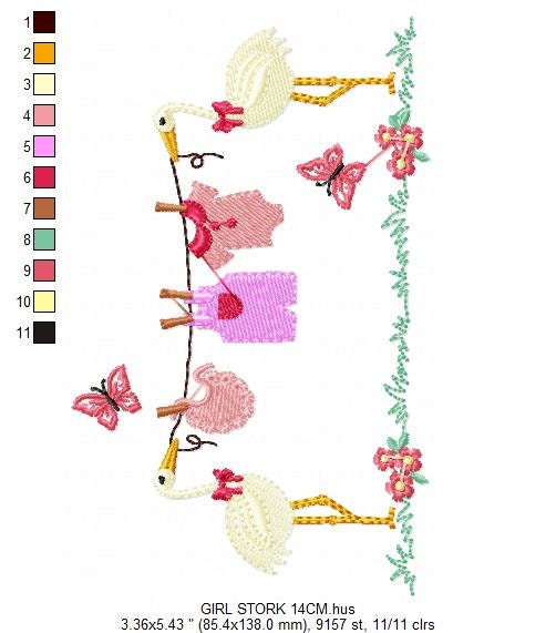 Stork embroidery design - Stork with clothes line machine pattern - Baby Shower gift - Girl Gender reveal party - Instant download pes jef Marcia Embroidery