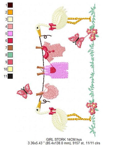 Stork embroidery design - Stork with clothes line machine pattern - Baby Shower gift - Girl Gender reveal party - Instant download pes jef Marcia Embroidery