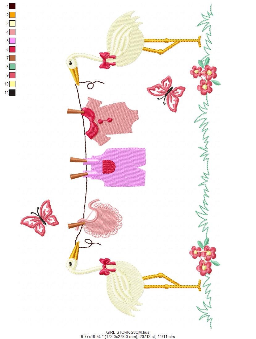 Stork embroidery design - Stork with clothes line machine pattern - Baby Shower gift - Girl Gender reveal party - Instant download pes jef Marcia Embroidery