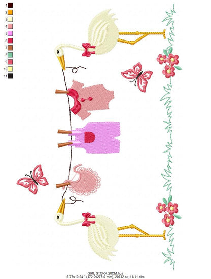 Stork embroidery design - Stork with clothes line machine pattern - Baby Shower gift - Girl Gender reveal party - Instant download pes jef Marcia Embroidery