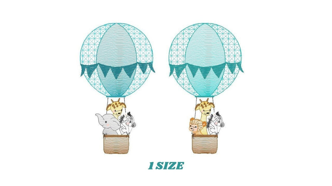 Animal embroidery designs - Hot air balloon embroidery design machine embroidery pattern - Safari embroidery file - Elephant Giraffe Fox pes