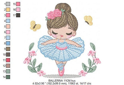 Ballerina with flowers embroidery designs - Ballet dancer with butterflies machine embroidery pattern - Baby girl file - Instant download