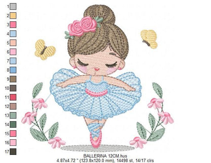 Ballerina with flowers embroidery designs - Ballet dancer with butterflies machine embroidery pattern - Baby girl file - Instant download