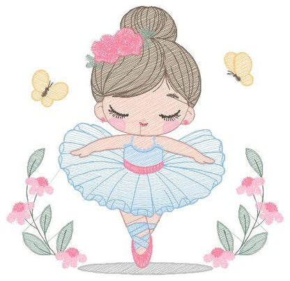 Ballerina with flowers embroidery designs - Ballet dancer with butterflies machine embroidery pattern - Baby girl file - Instant download