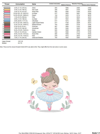 Ballerina with flowers embroidery designs - Ballet dancer with butterflies machine embroidery pattern - Baby girl file - Instant download