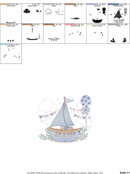 Boat embroidery designs - Sailboat embroidery design machine embroidery pattern - Nautical file instant download - Boat rippled design boy