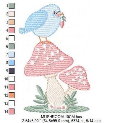 Mushroom embroidery designs - Toad with bird machine embroidery pattern - Baby girl and Boy Forest animal file - Instant digital download Marcia Embroidery