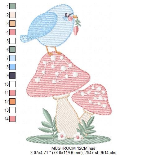 Mushroom embroidery designs - Toad with bird machine embroidery pattern - Baby girl and Boy Forest animal file - Instant digital download Marcia Embroidery
