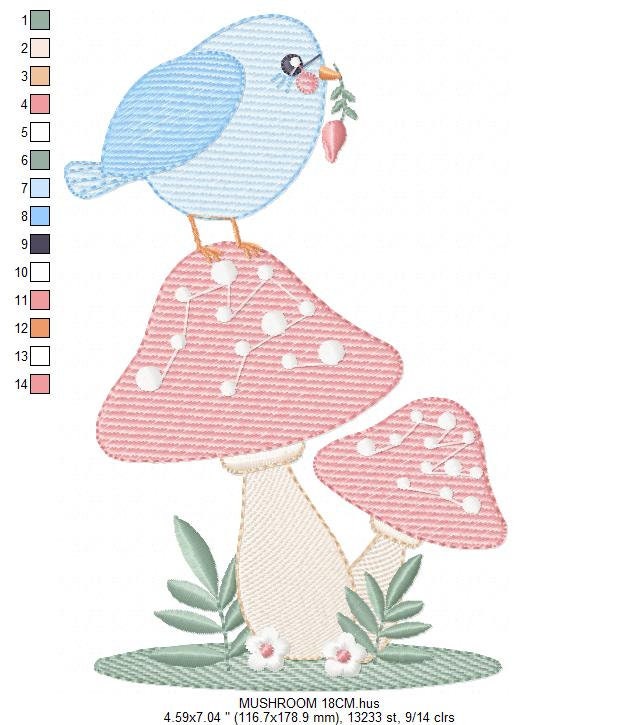 Mushroom embroidery designs - Toad with bird machine embroidery pattern - Baby girl and Boy Forest animal file - Instant digital download Marcia Embroidery