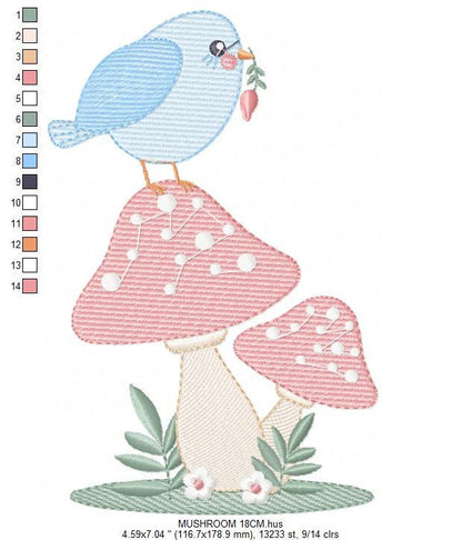 Mushroom embroidery designs - Toad with bird machine embroidery pattern - Baby girl and Boy Forest animal file - Instant digital download Marcia Embroidery