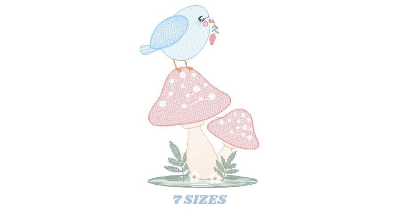 Mushroom embroidery designs - Toad with bird machine embroidery pattern - Baby girl and Boy Forest animal file - Instant digital download Marcia Embroidery