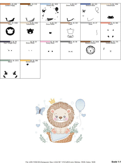 Lion with balloon embroidery designs - Safari Wild Animal with crown machine pattern - Baby boy file - Instant digital download pes jef dst
