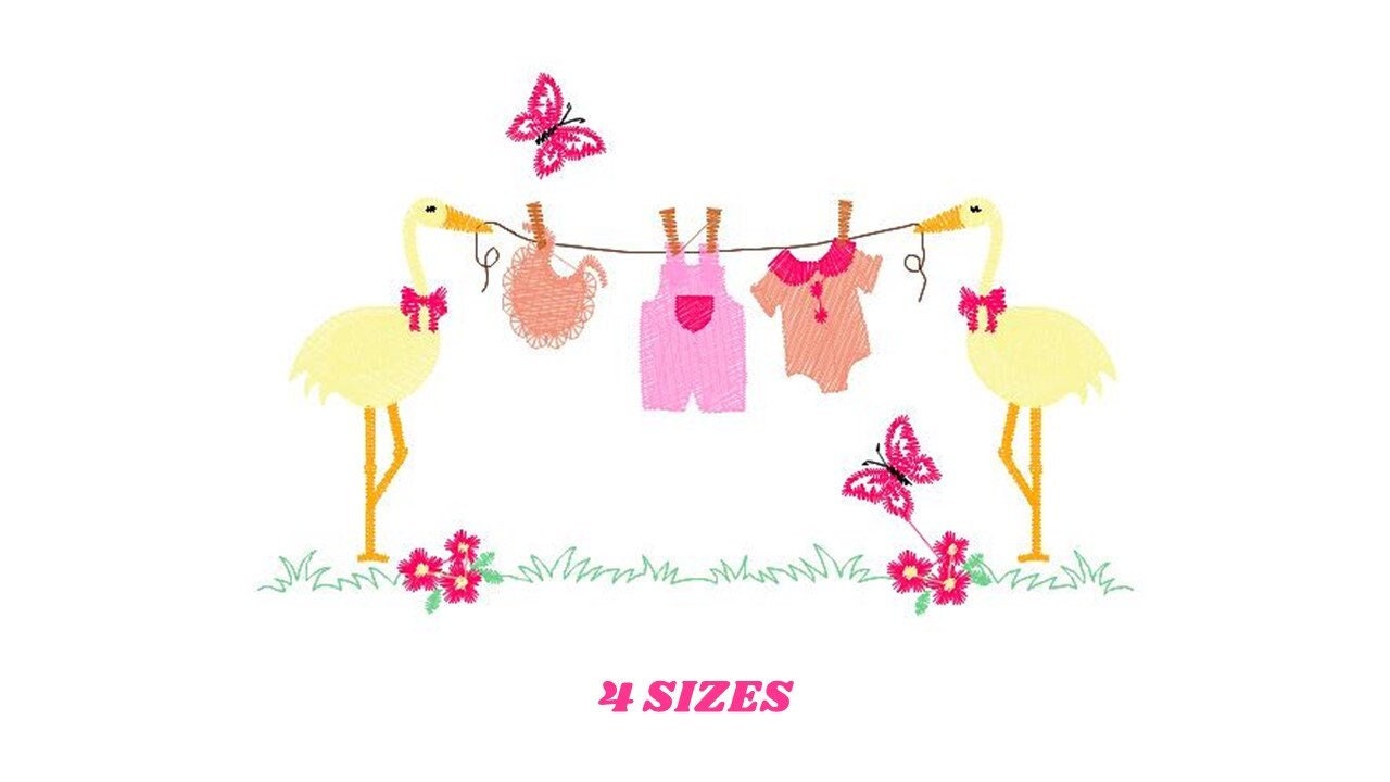 Stork embroidery design - Stork with clothes line machine pattern - Baby Shower gift - Girl Gender reveal party - Instant download pes jef Marcia Embroidery