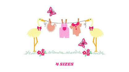 Stork embroidery design - Stork with clothes line machine pattern - Baby Shower gift - Girl Gender reveal party - Instant download pes jef Marcia Embroidery