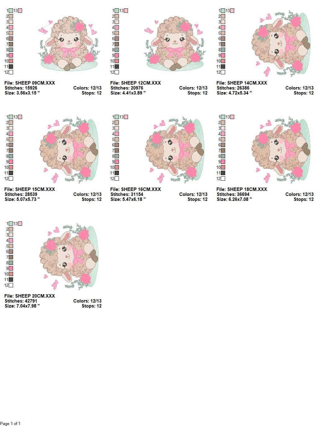 Sheep embroidery design - Lamb with flowers and hearts machine embroidery pattern - Baby girl file - Instant digital download pes jef dst